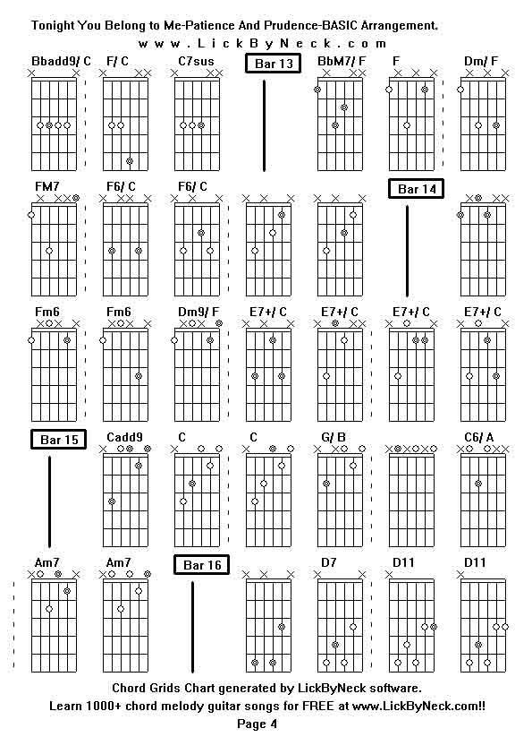 Chord Grids Chart of chord melody fingerstyle guitar song-Tonight You Belong to Me-Patience And Prudence-BASIC Arrangement,generated by LickByNeck software.